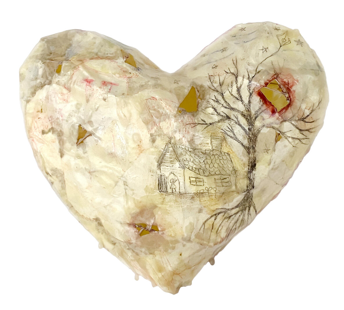 Full heart, 19(h) x 19(w) x 7.5(d) cm, Mixed media, beeswax on wire, paper, 2024