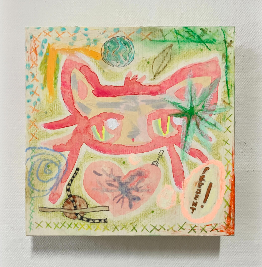 Present Kitty Present Time, 15.6x15.6cm, mixed media on panel, 2023
